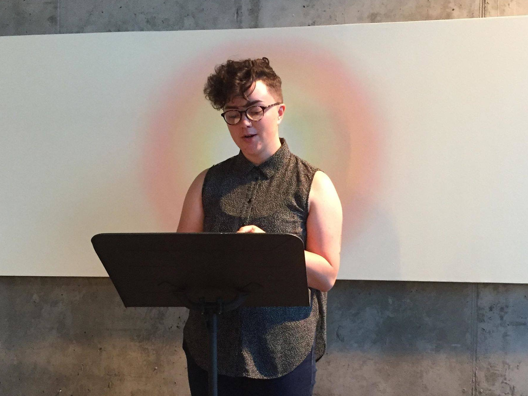 katie reading at Amy LeBlanc's chapbook launch, 2018
